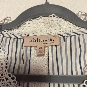 Philosophy White and Blue Striped Top very comfortable. Versatile to dress up or